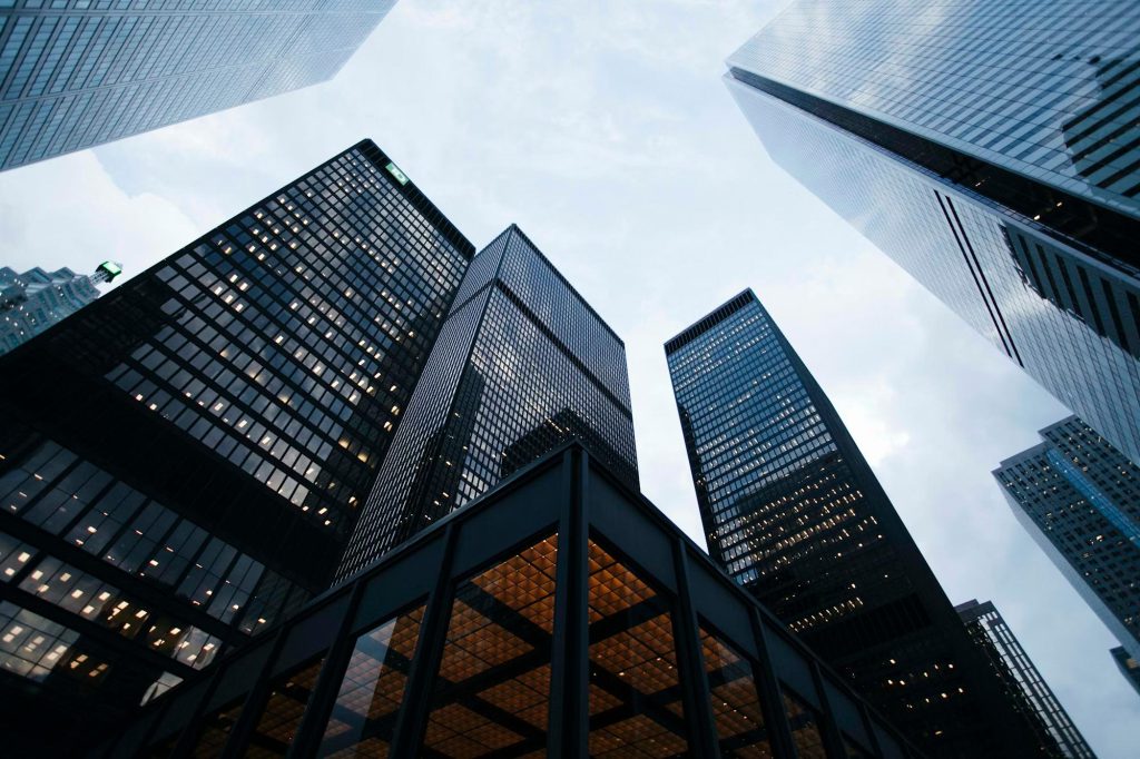 City skyline viewed from below